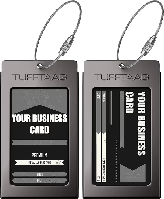 Luggage Tags Business Card Holder TUFFTAAG Travel ID Bag Tag in Many Color Options (2 Tags, Gunmetal Steel)